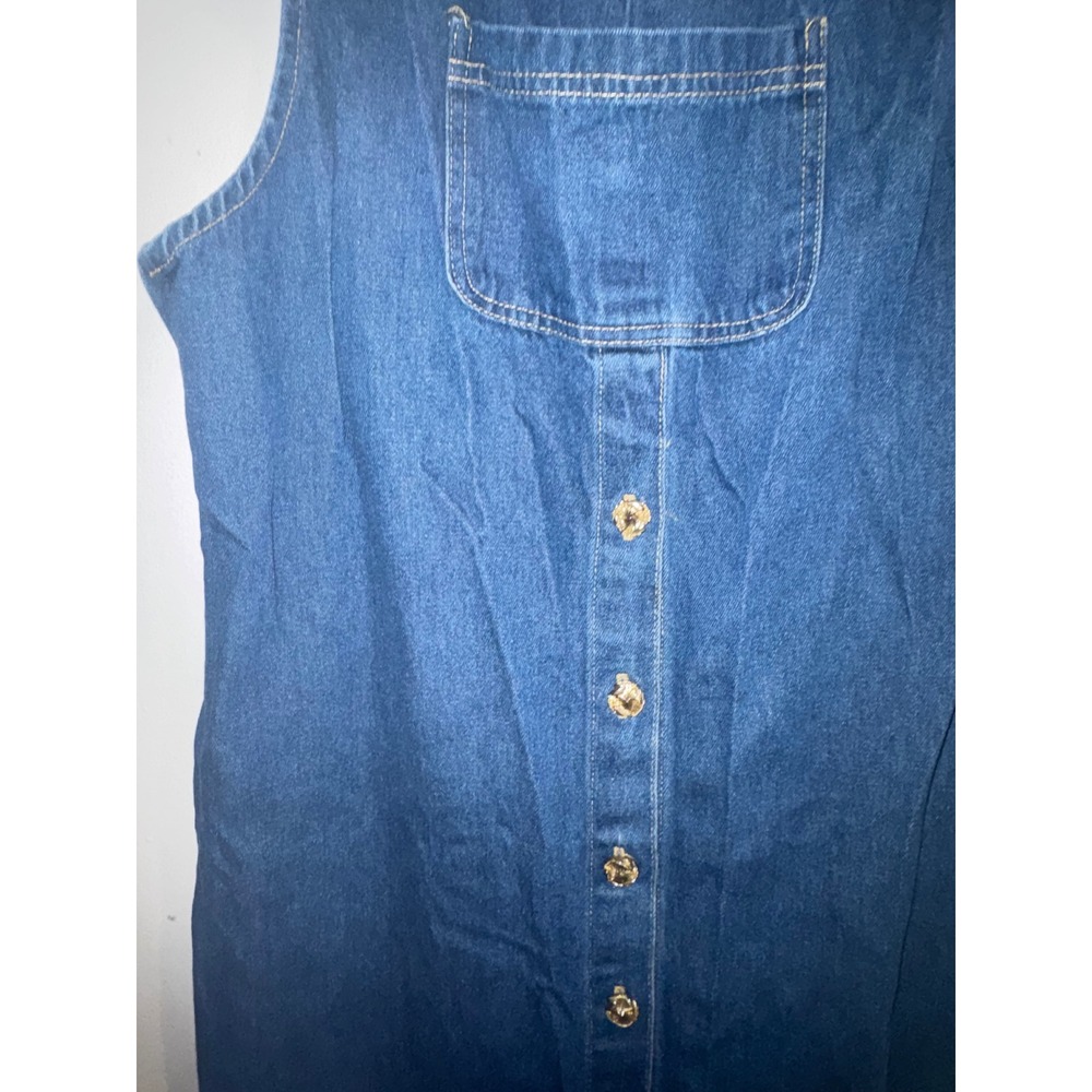 Vtg 90s S/M Blue Denim Overall Pinafore Jumper Dress Gold Button Front USA - Picture 3 of 8